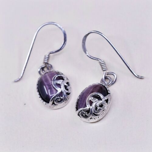 Vtg Sterling Silver Handmade Earrings, 925 Silver W/ Purple Tiger Eye