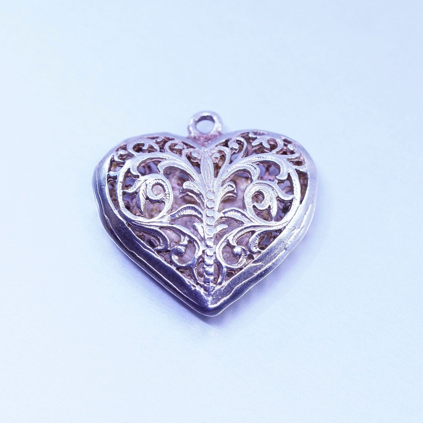 antique sterling 925 silver filigree puffy heart pendant charm