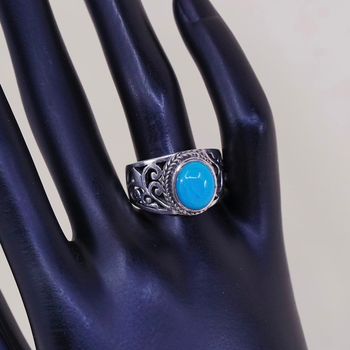 sz 10, vtg sterling silver ring, handmade 925 ring w/ turquoise n Filigree