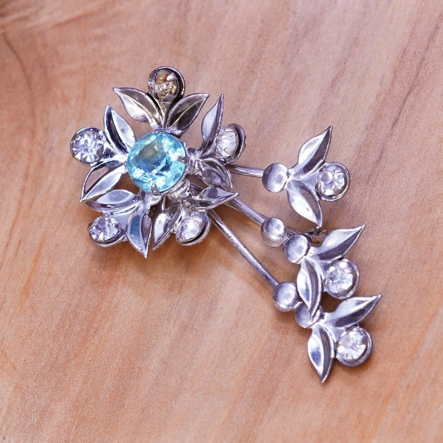 Vintage Art Deco handmade sterling 925 silver flower brooch with blue Crystal