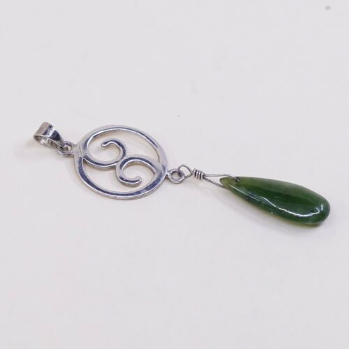 Vtg Sterling Silver Handmade Swirl Pendant w/ Teardrop jade, Stamped 925