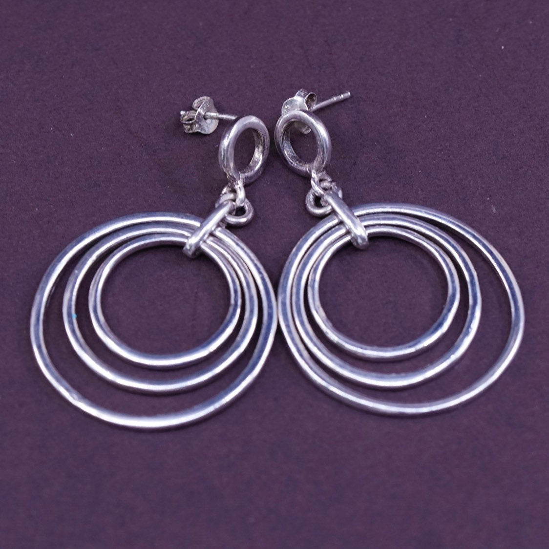 vtg Sterling silver handmade earrings, Modern 925 multi circle dangles