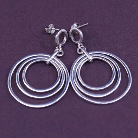 vtg Sterling silver handmade earrings, Modern 925 multi circle dangles