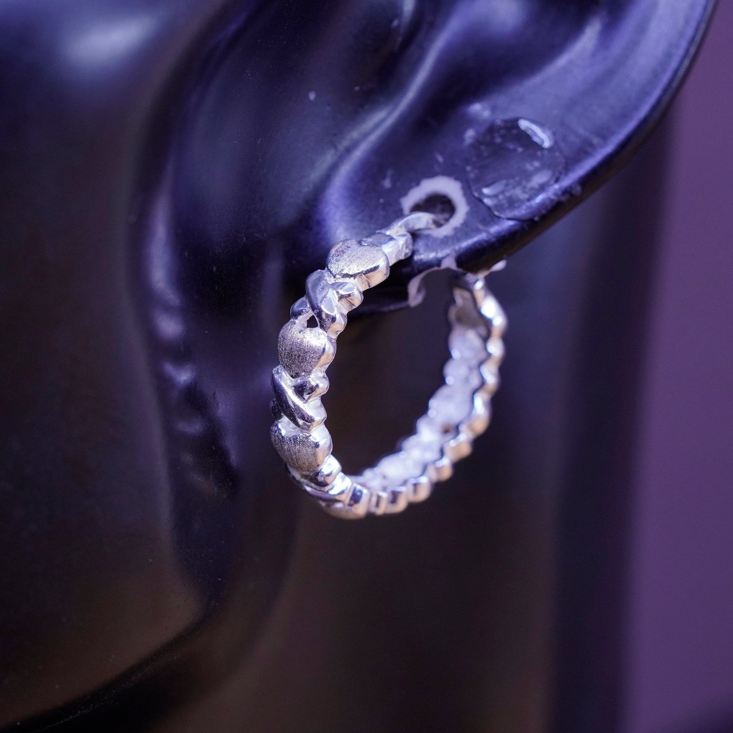 0.75”, Vintage Sterling silver handmade earrings, 925 heart textured hoops