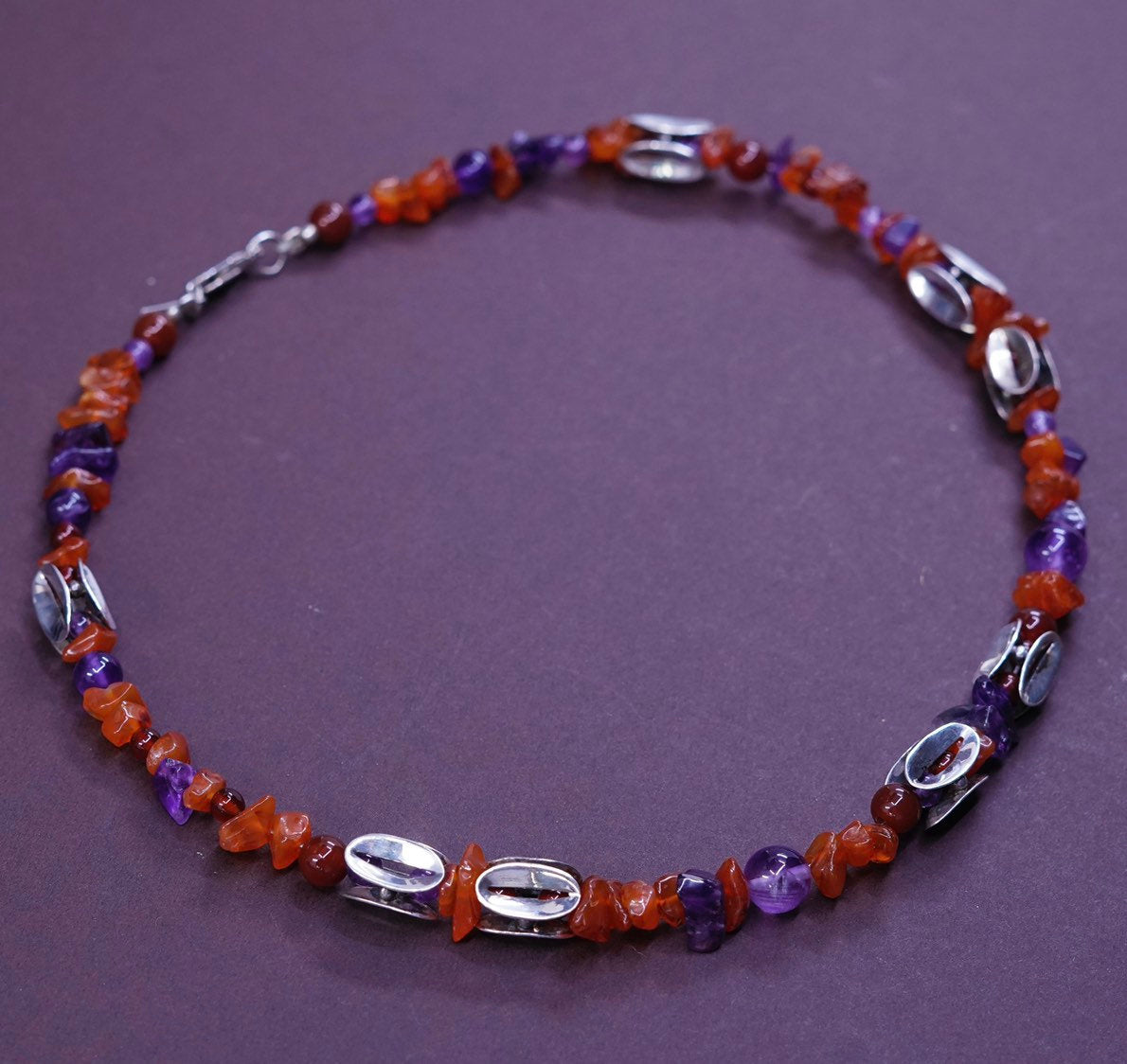 17", Sterling silver handmade necklace, 925 bead w/ Carnelian N amethyst