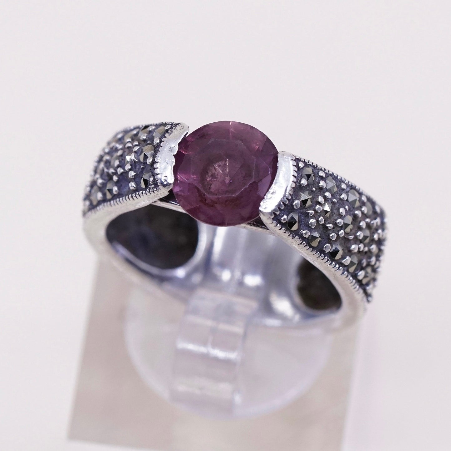 sz 5.5, Vintage sterling 925 silver handmade ring with amethyst and marcasite