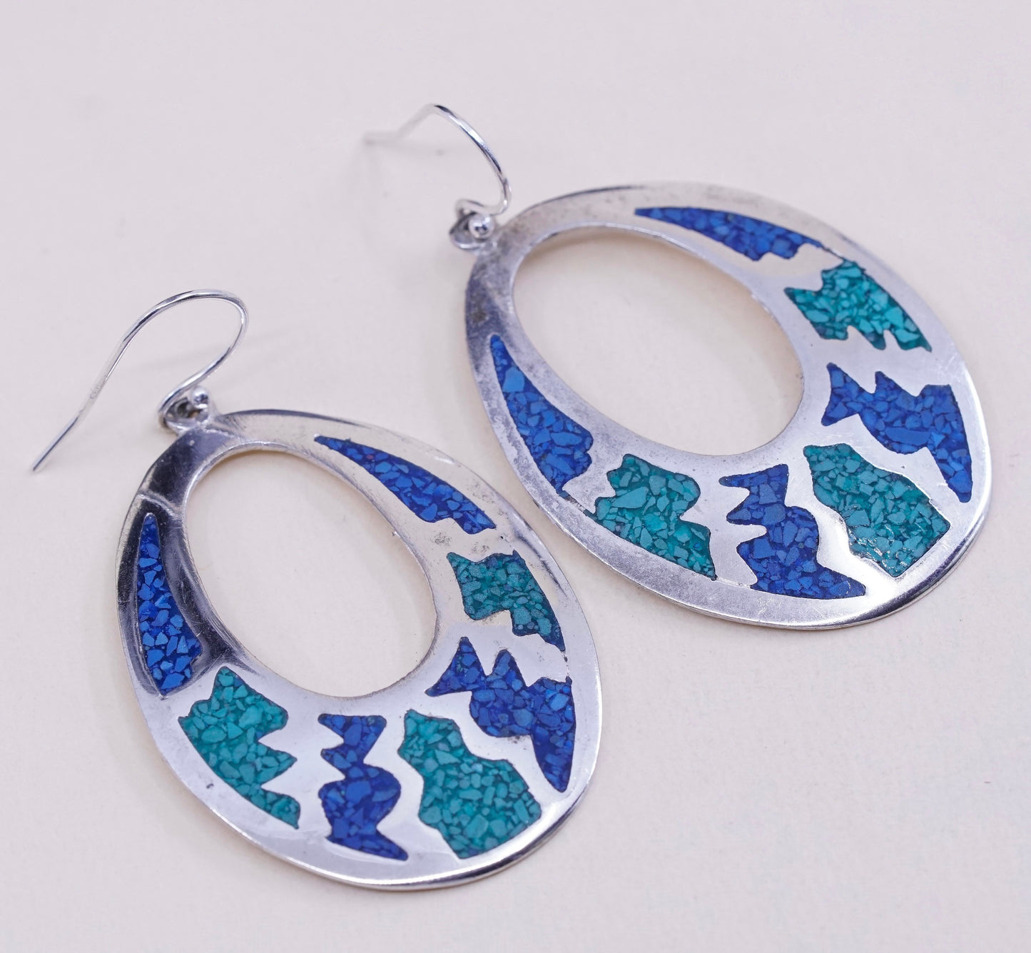 Vintage alpaca silver handmade earrings, huge oval dangles with turquoise