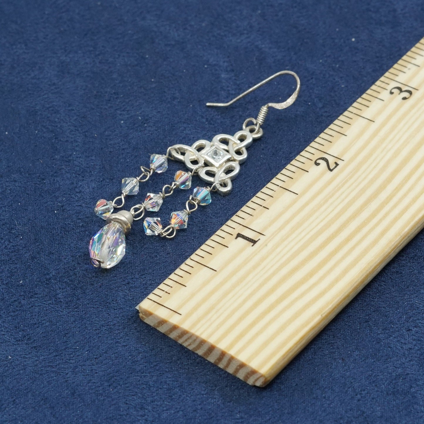 vtg Sterling silver handmade cluster earrings, 925 filigree dangles w/ crystal