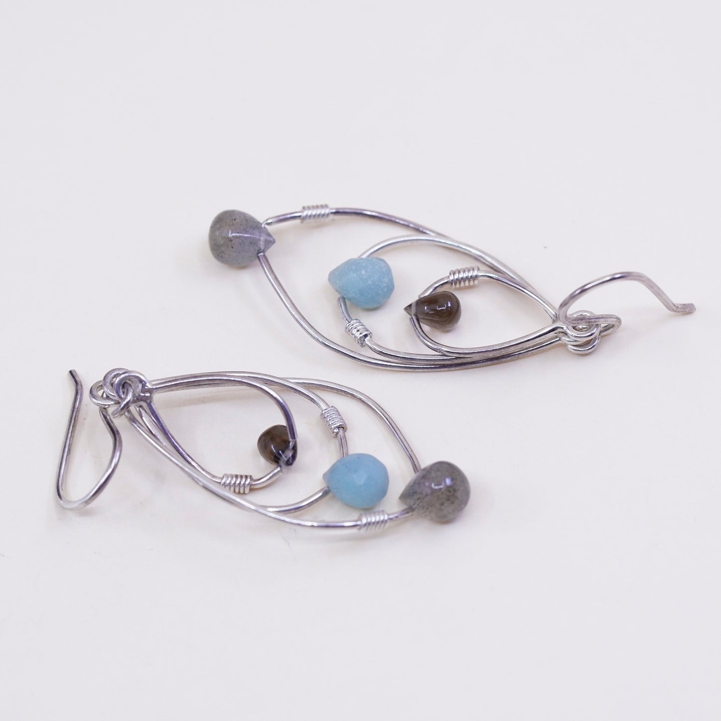 modern sterling silver earrings, 925 teardrop dangles with labradorite and jade