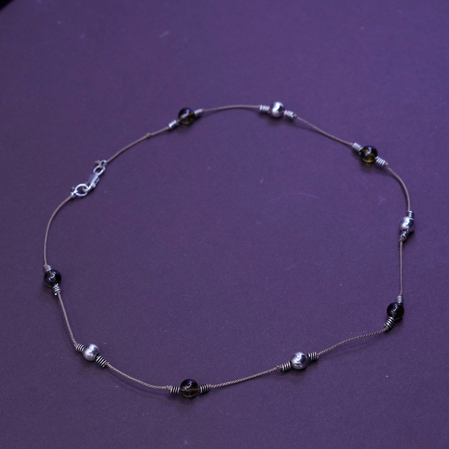 16”, Sterling silver necklace, 925 clasp with smoky topaz and linen thread