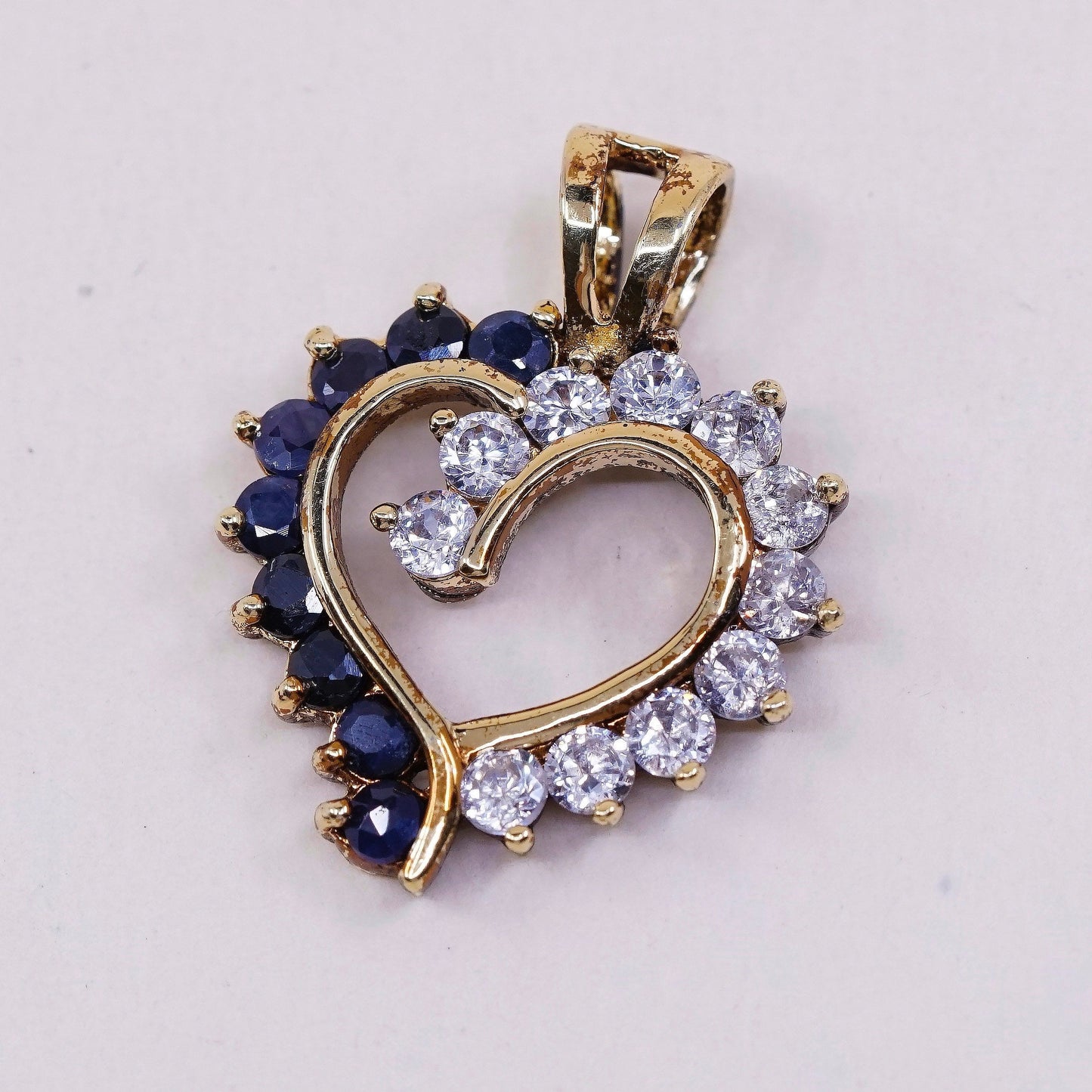 VTG vermeil Gold over Sterling silver pendant, 925 heart w/ sapphire and cz