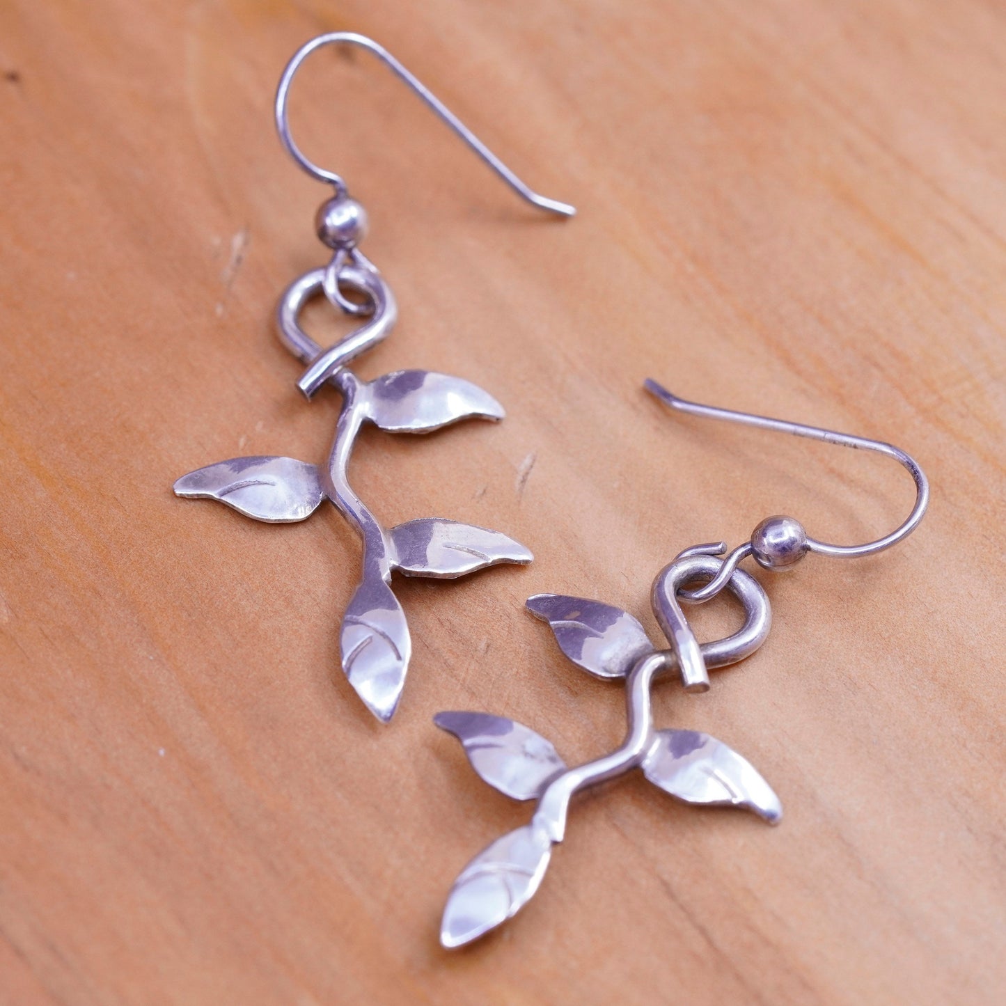 Vintage Sterling silver handmade earrings, 925 leafy vines drops