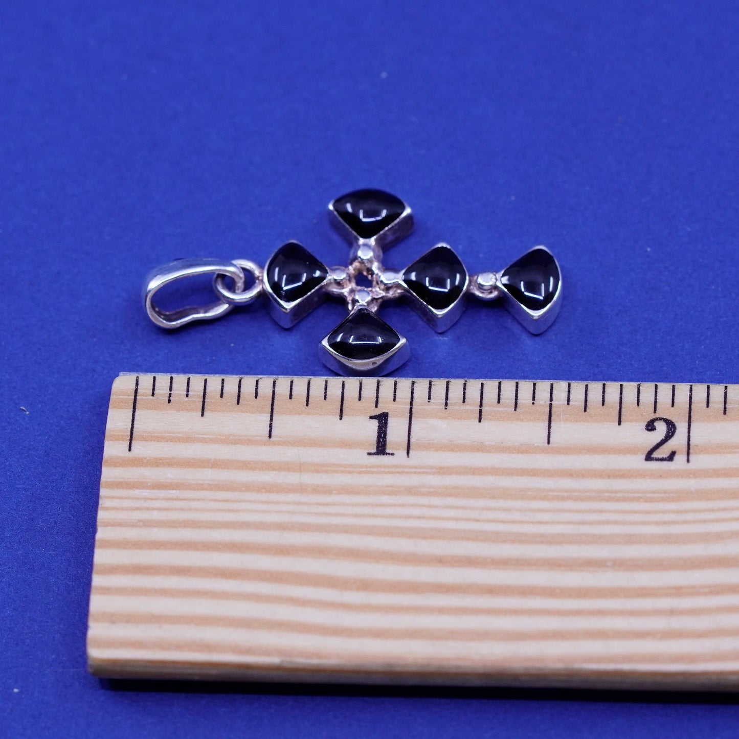 Vintage Italy sterling silver handmade pendant, 925 cross w/ black resin inlay