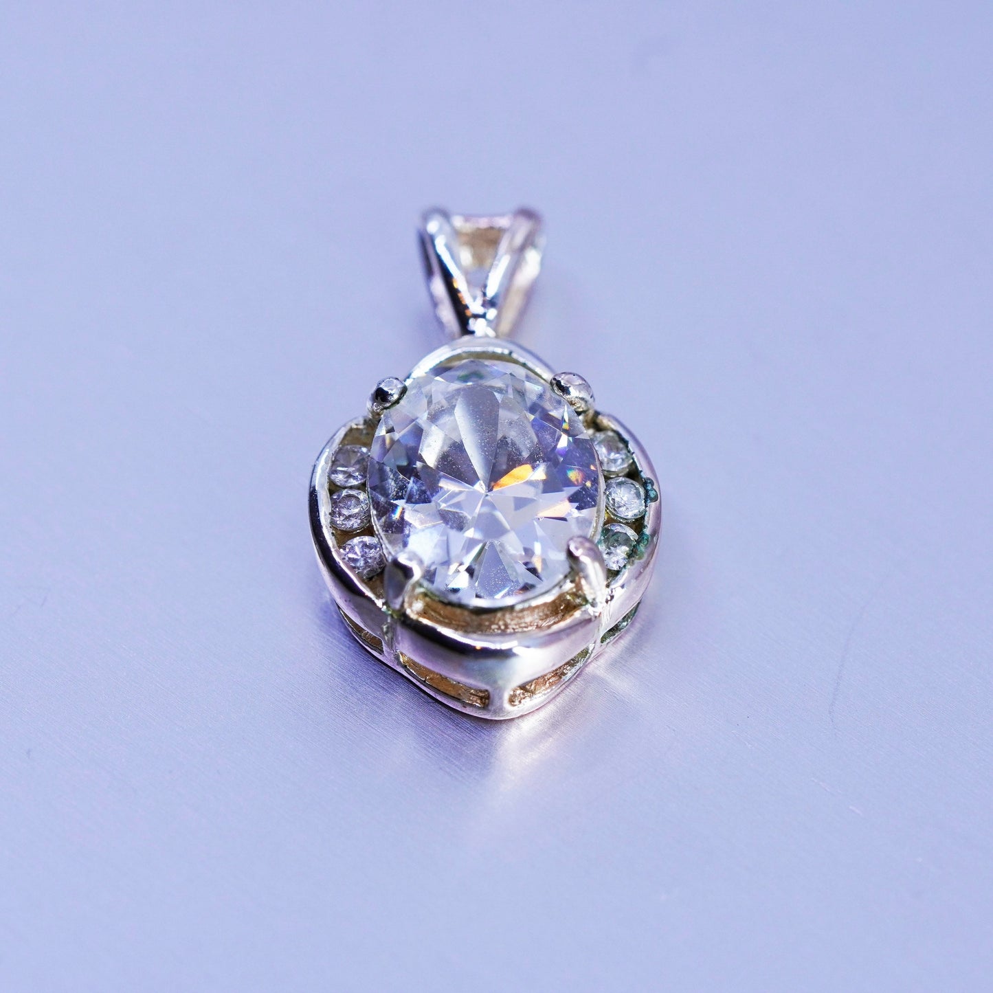 antique sterling 925 silver pendant with oval Cz