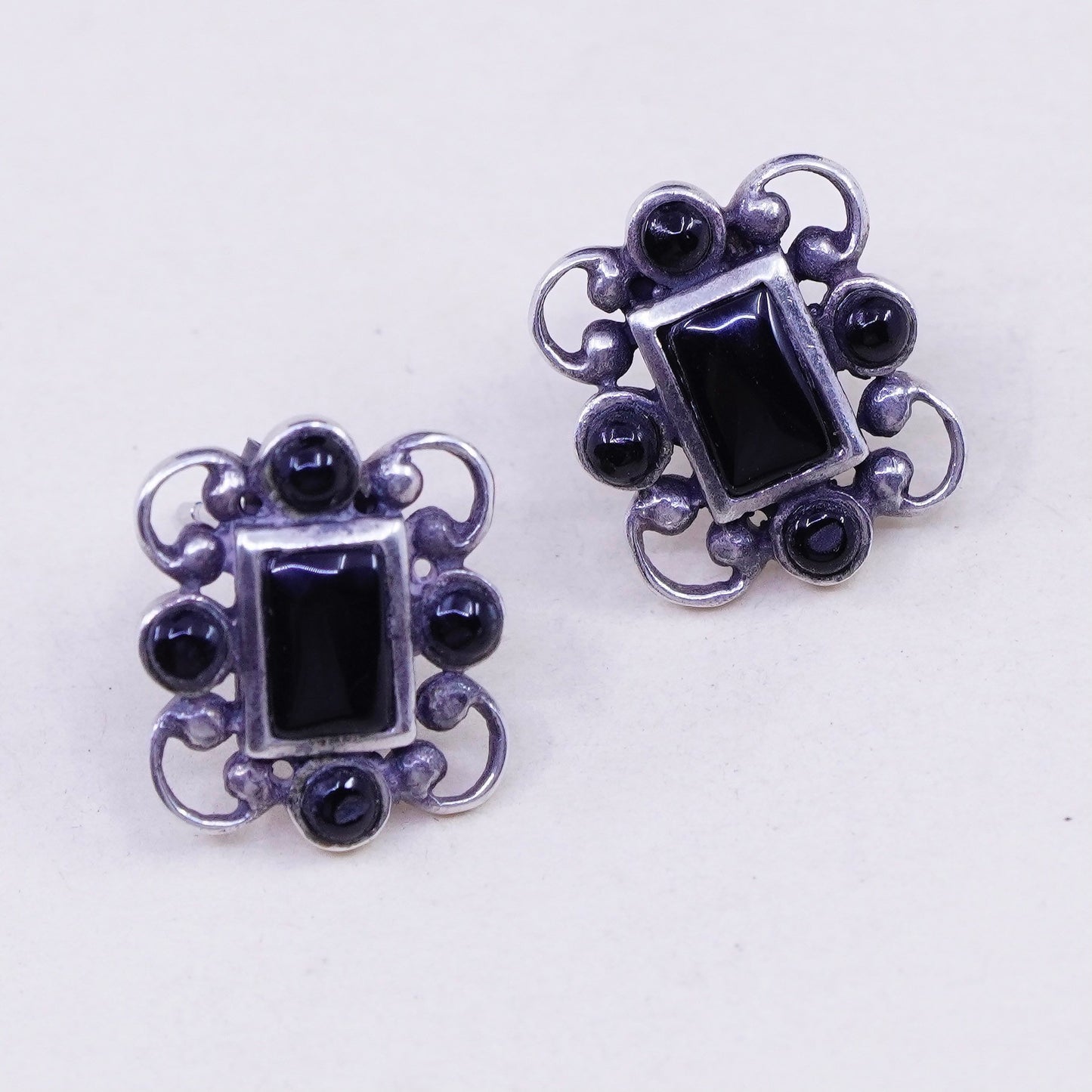 Vintage sterling silver handmade earrings, 925 studs with obsidian