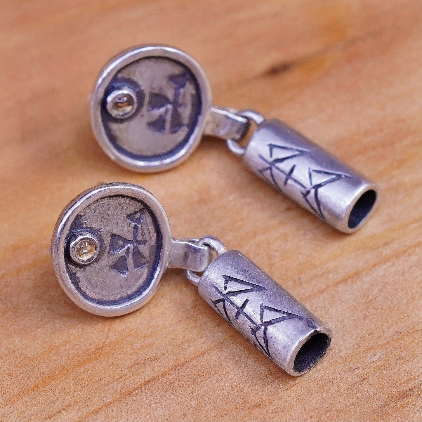 Vintage handmade sterling 925 silver earrings with pattern embossed and crystal