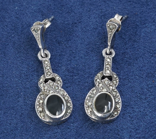 vtg sterling silver handmade earrings, 925 w/ oval obsidian N marcasite