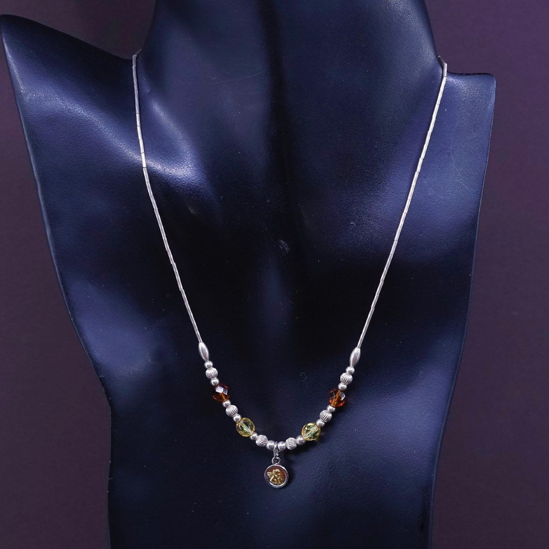 16”, Sterling silver necklace, 925 liquid chain w/ amber beads N angle pendant