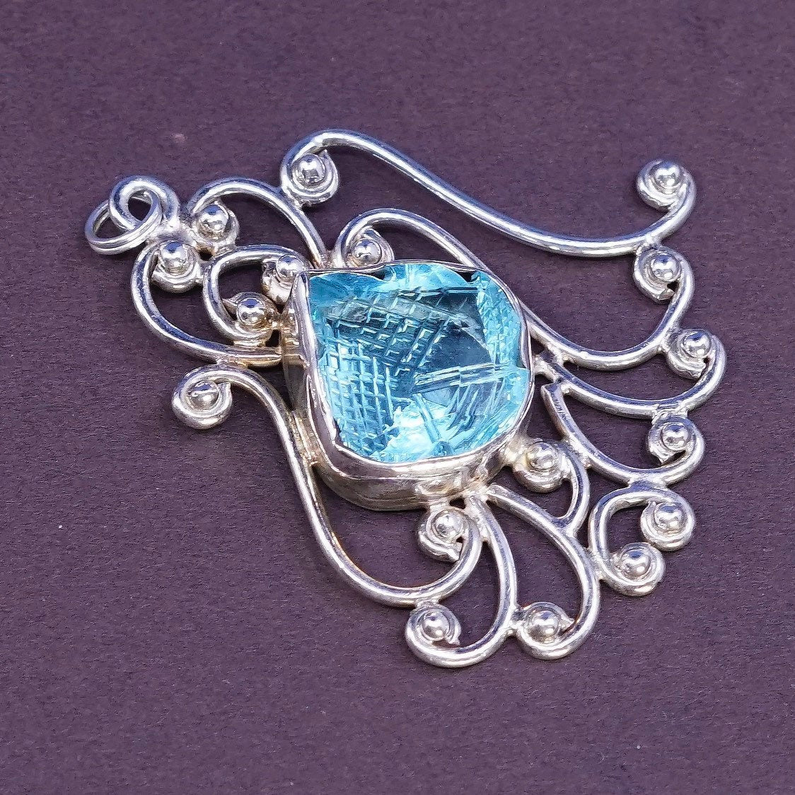 VTG Sterling silver handmade pendant, 925 swirl filigree w/ cushion blue topaz