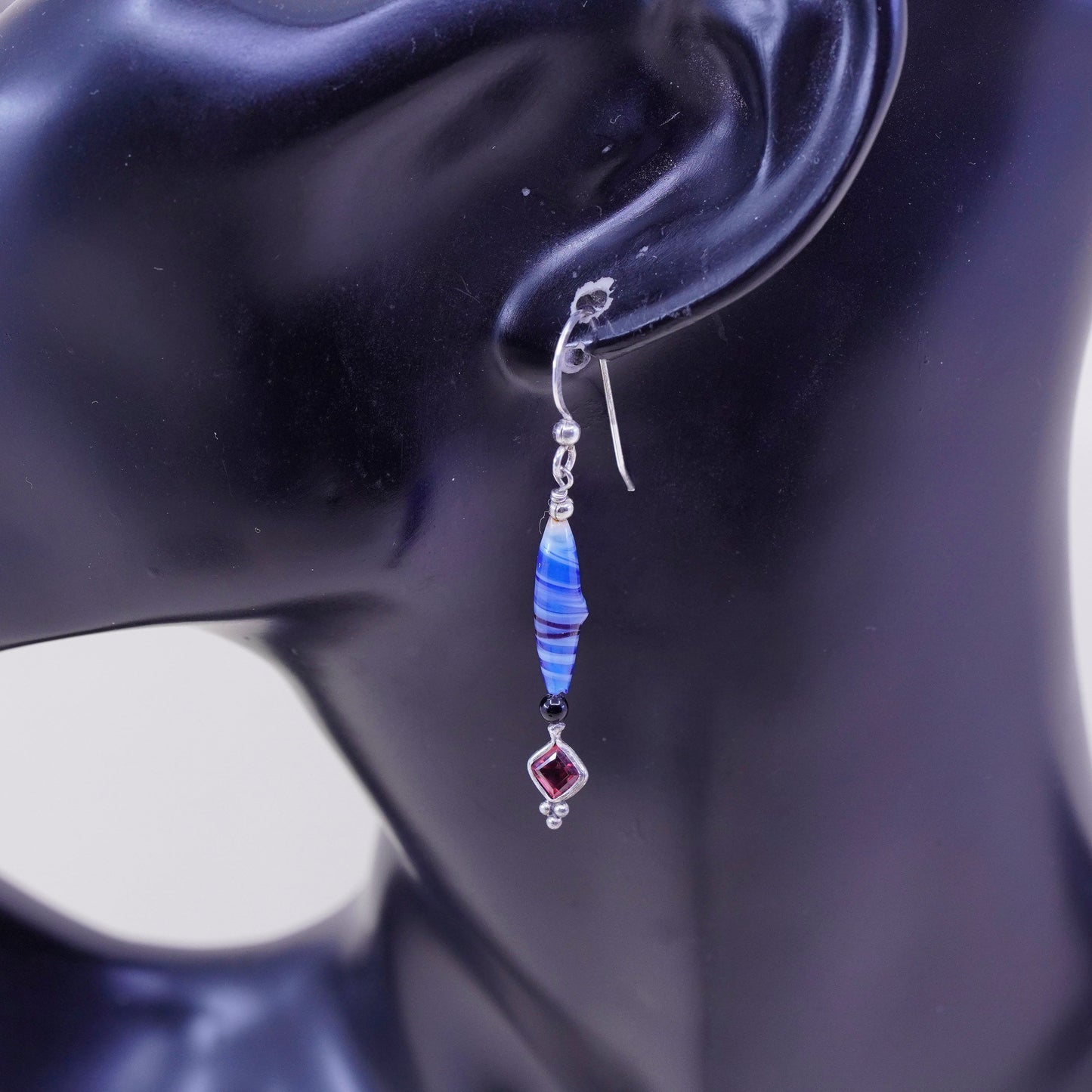 Sterling silver handmade earrings, 925 hooks w/ blue artisan glass drops N ruby