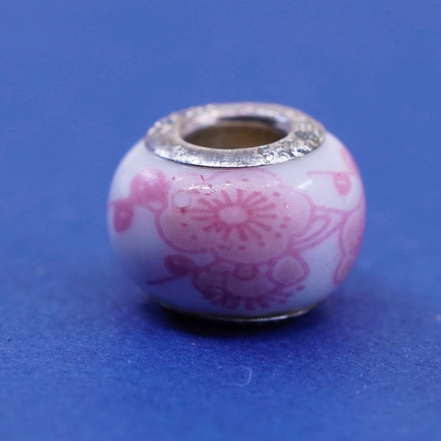 Sterling silver handmade bead pendant, 925 charm pink floral ceramics pottery