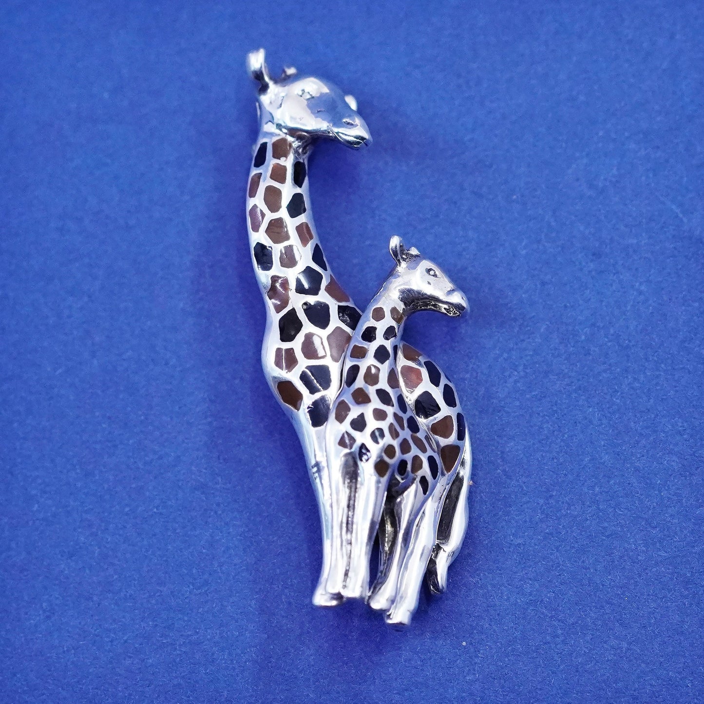 Mexico sterling silver handmade brooch, 925 enamel giraffe mother baby pin