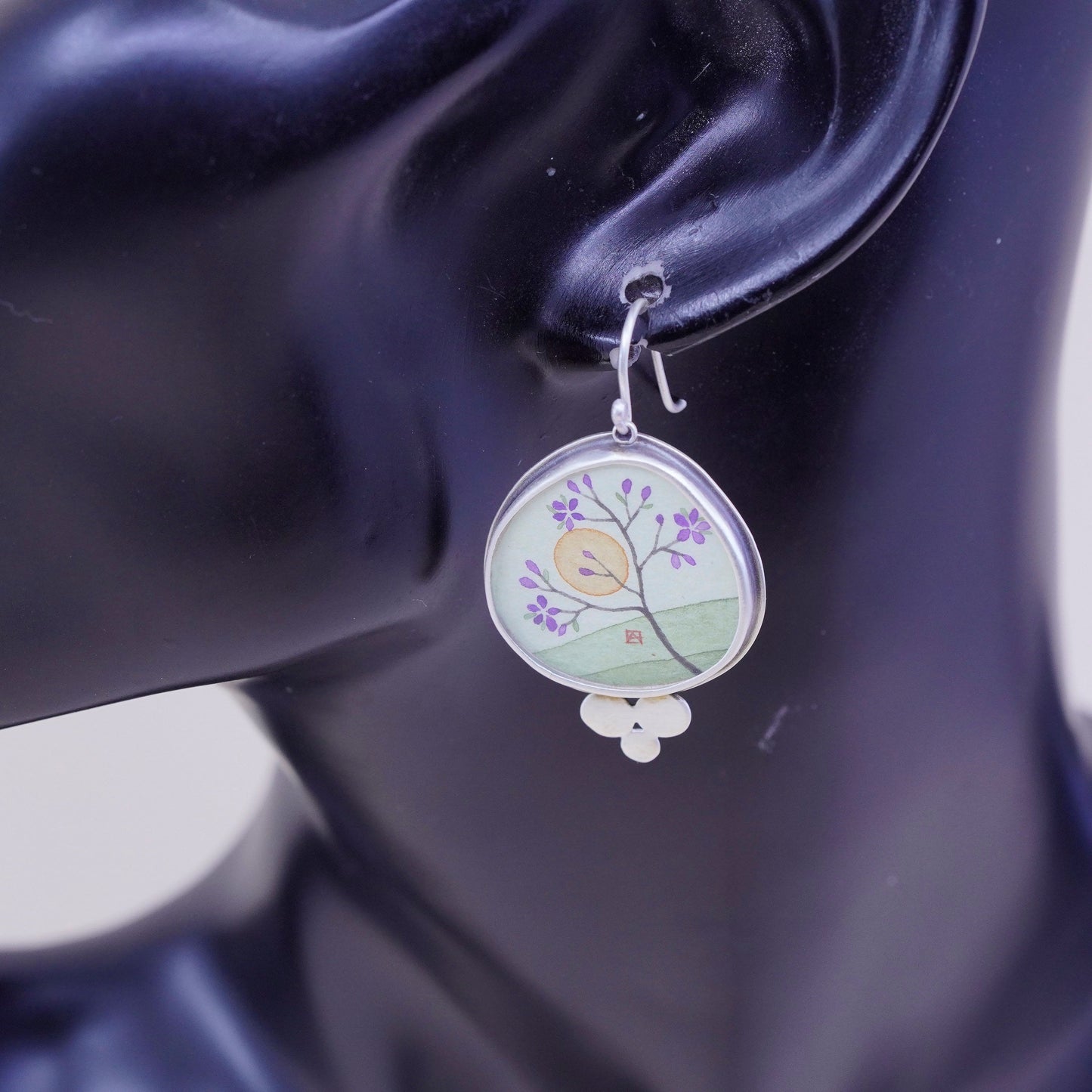 Designer Ananda KHALSA Sterling 925 silver handmade earrings, watercolor purple plum blossom flower with sun, stamped 925 A