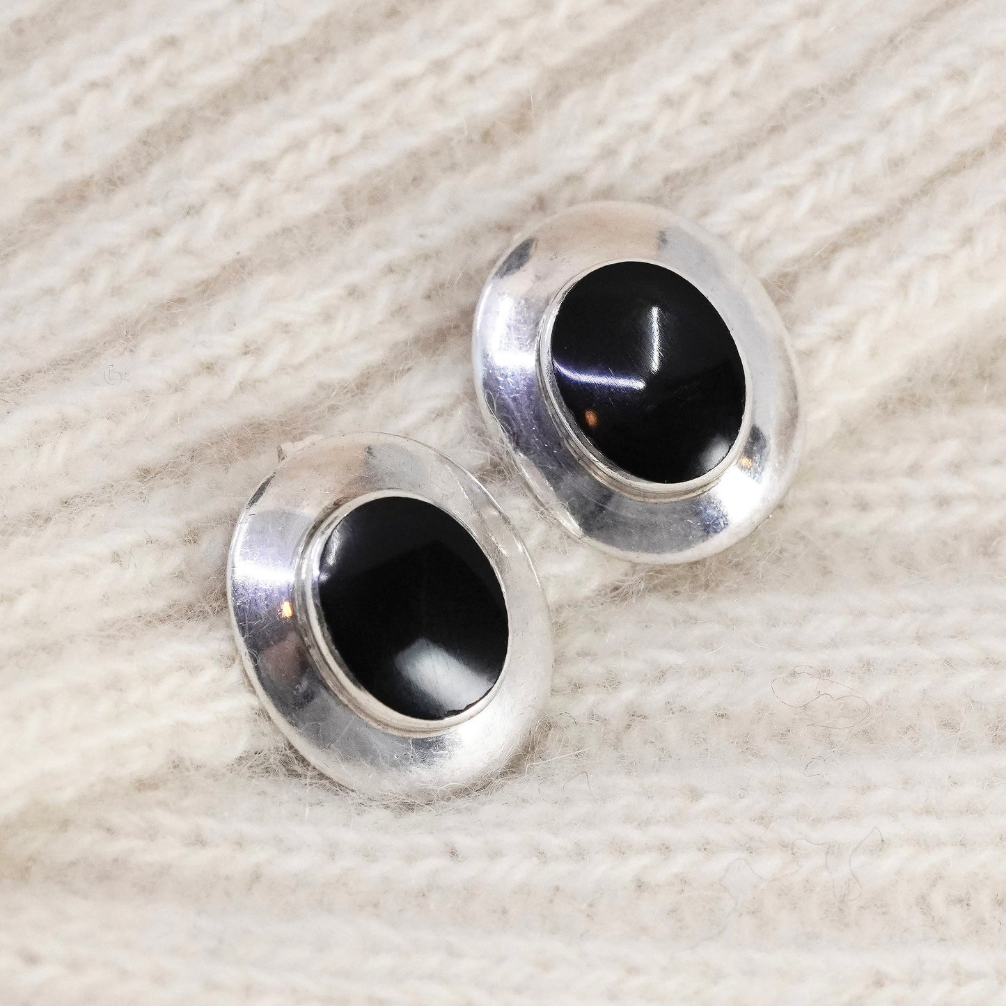 Vintage Sterling silver handmade earrings, Mexico 925 oval studs with onyx