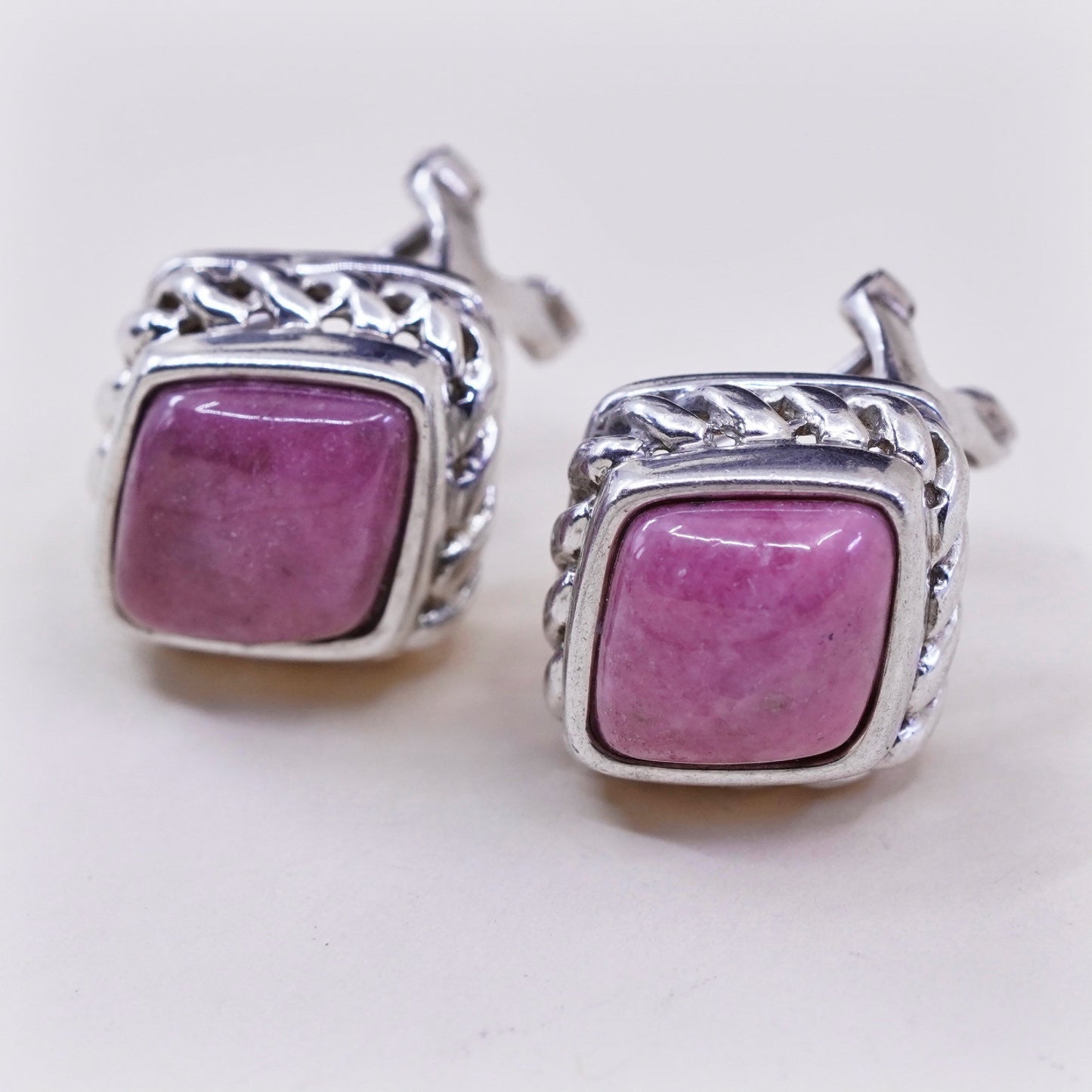 vtg sterling silver handmade earrings, 925 studs with pink howlite N cable