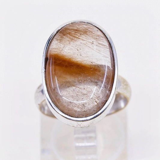 sz 7.75, vtg sterling 925 silver over brass handmade ring w/ Rutilated Quartz