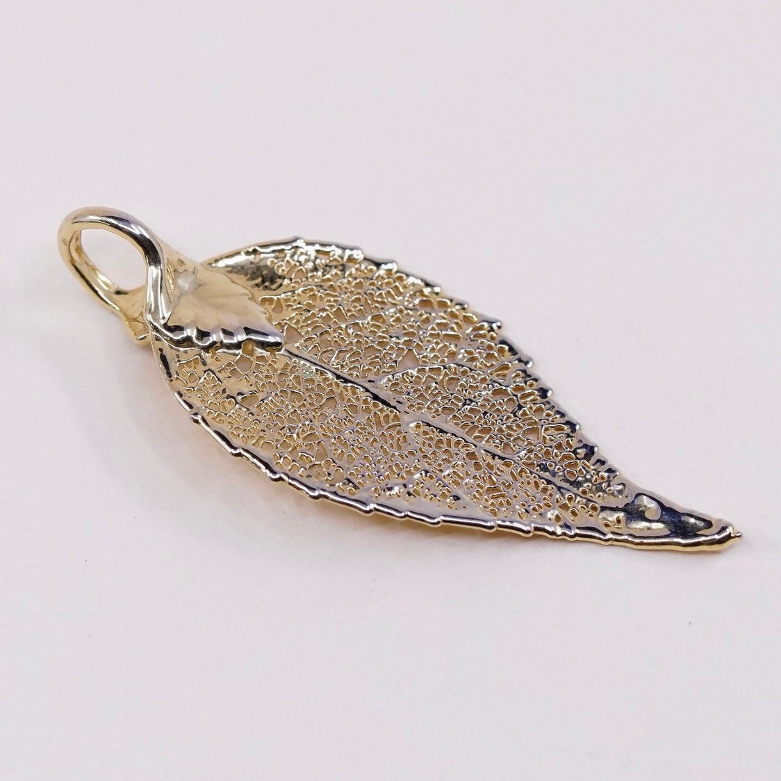 VTG Vermeil gold over Sterling silver pendant, 925 silver Filigree leaf