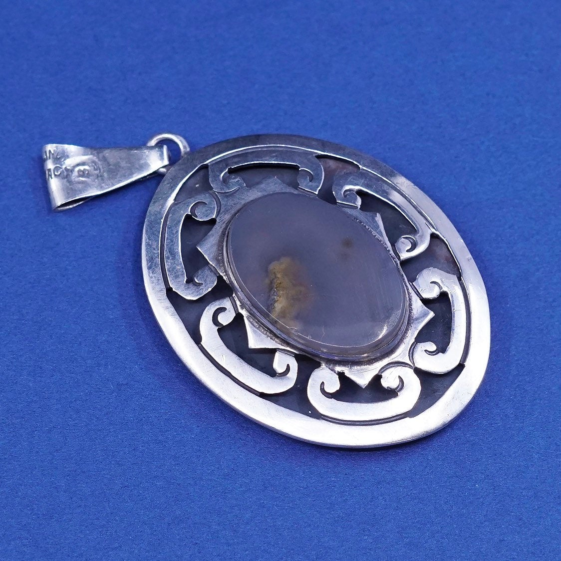 vtg CFC sterling silver handmade pendant, 925 w/ gray lace agate