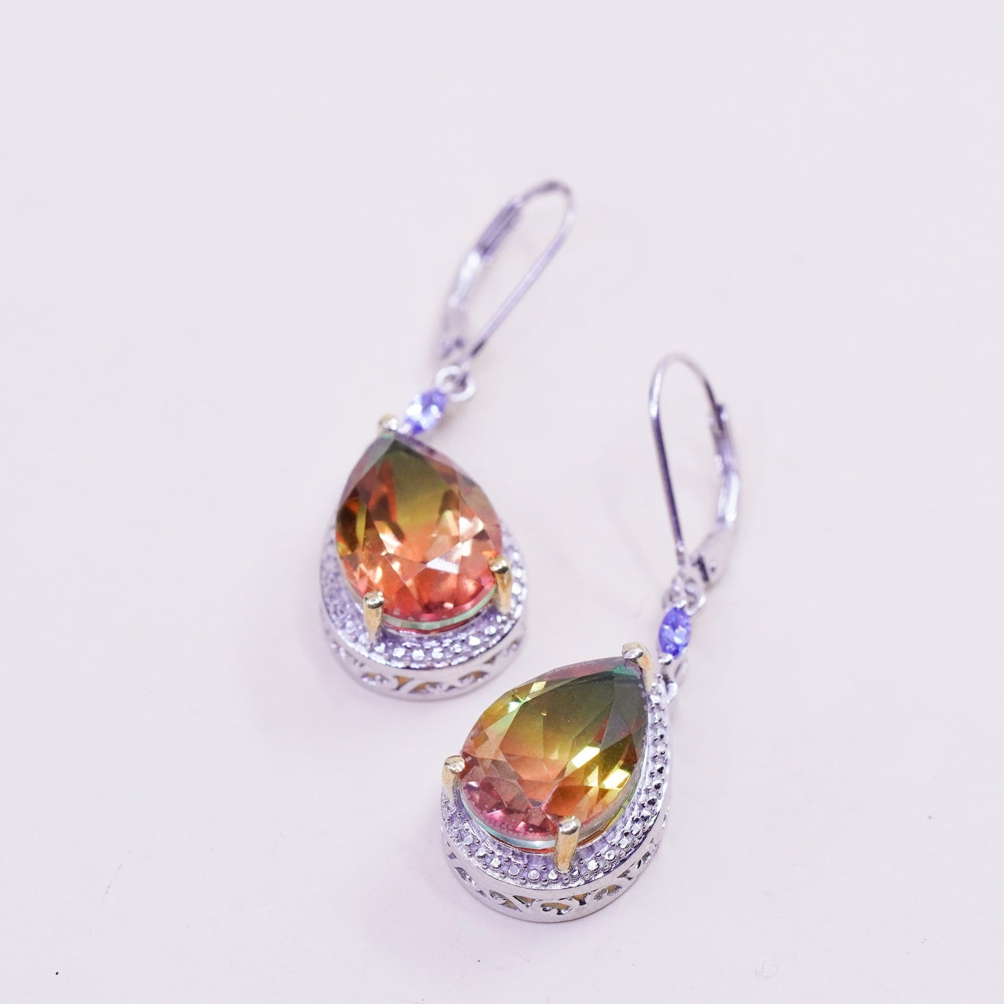 Vintage Sterling 925 silver handmade earrings with teardrop rainbow crystal