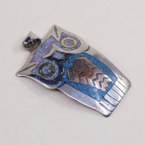 Vtg Two Tone Alpca Silver Handmade Huge Owl Pendant W/ Turquoise Inlay