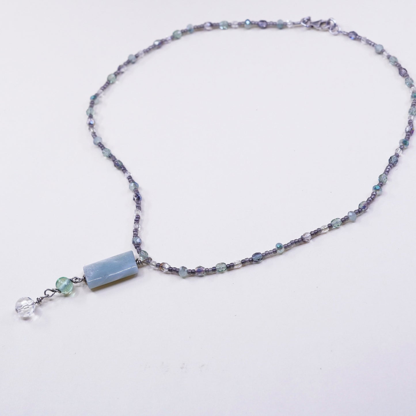 18”, Sterling 925 silver necklace, Crystal bead chain with jade pendant