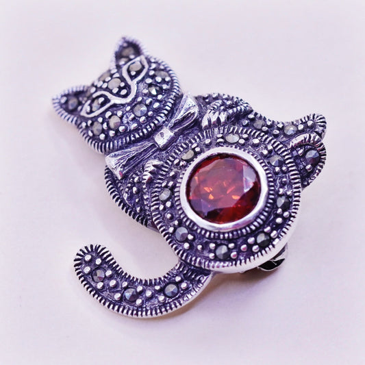 Vintage Sterling silver handmade brooch, 925 cat kitty with Marcasite ruby