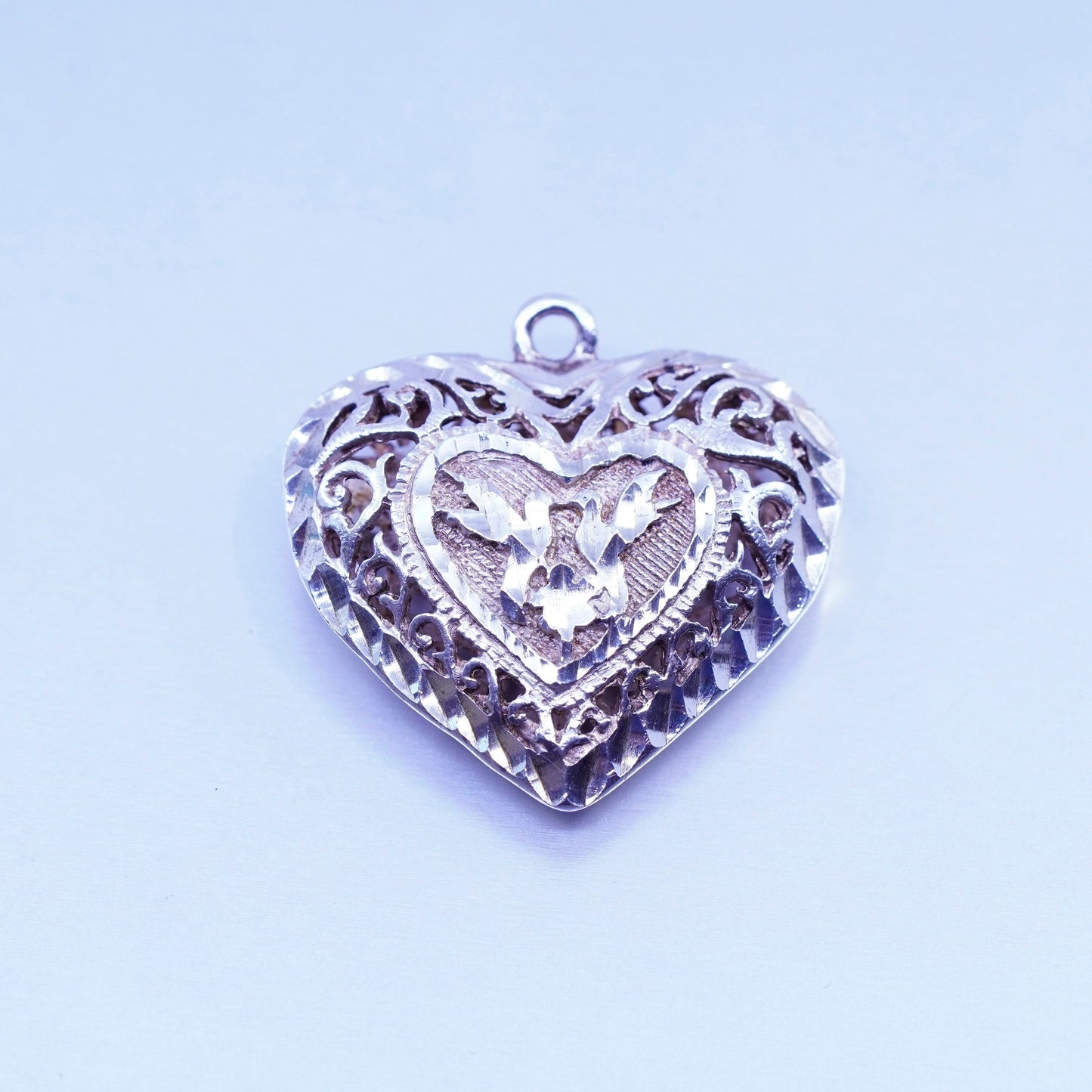 antique sterling 925 silver filigree puffy heart pendant charm