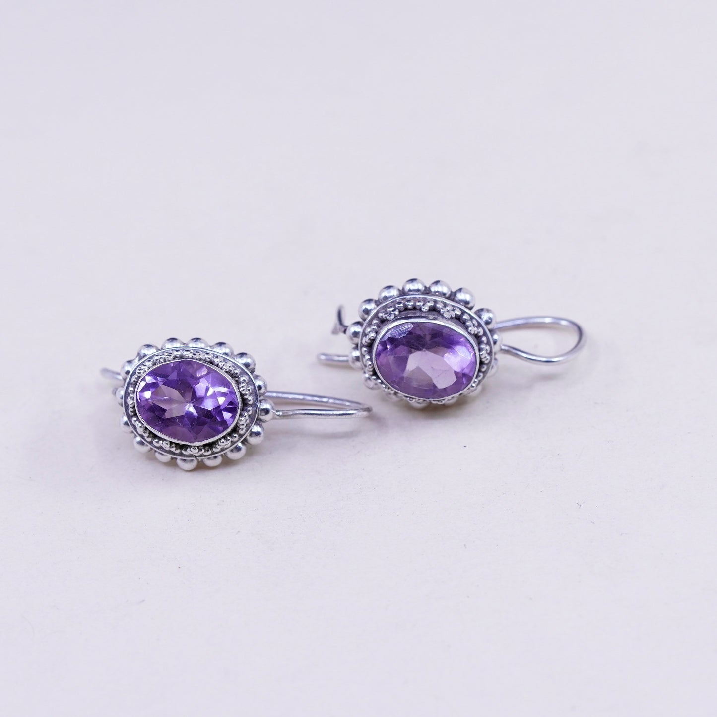 Vintage sterling silver handmade earrings, 925 drops with amethyst and beads