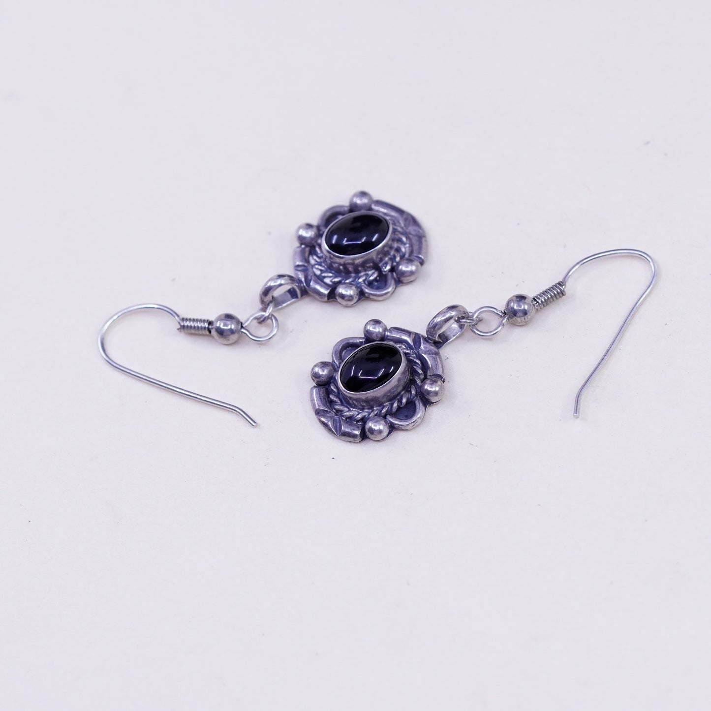 Vintage Sterling silver handmade earrings, 925 oval obsidian and beads