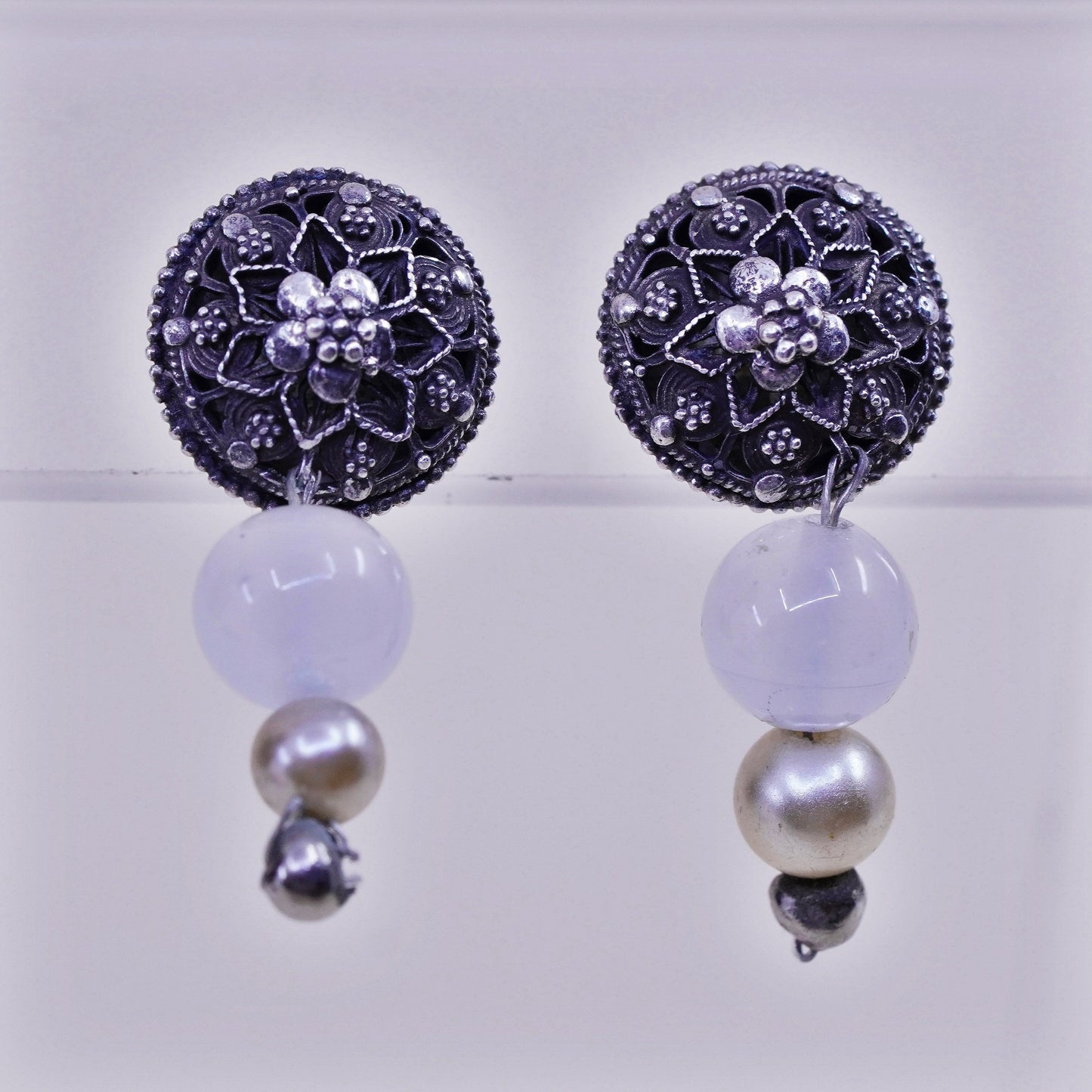 Vintage Sterling silver handmade earrings, 925 filigree studs with quartz