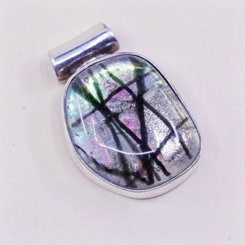 Vtg Sterling Silver Handmade Pendant, Mexico 925 Silver With Vivic Foiled Glass