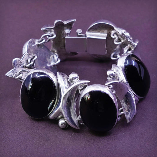 6.5”, vintage Sterling silver handmade bracelet, Mexico 925 link with oval onyx