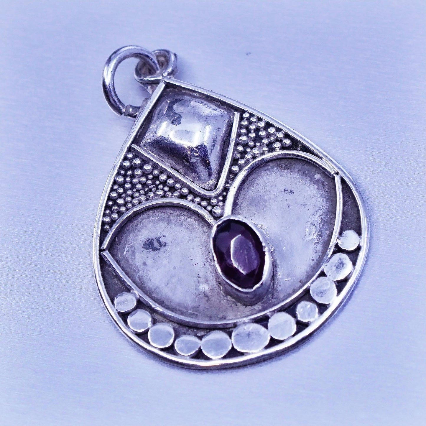 antique sterling 925 silver handmade charm teardrop pendant with amethyst