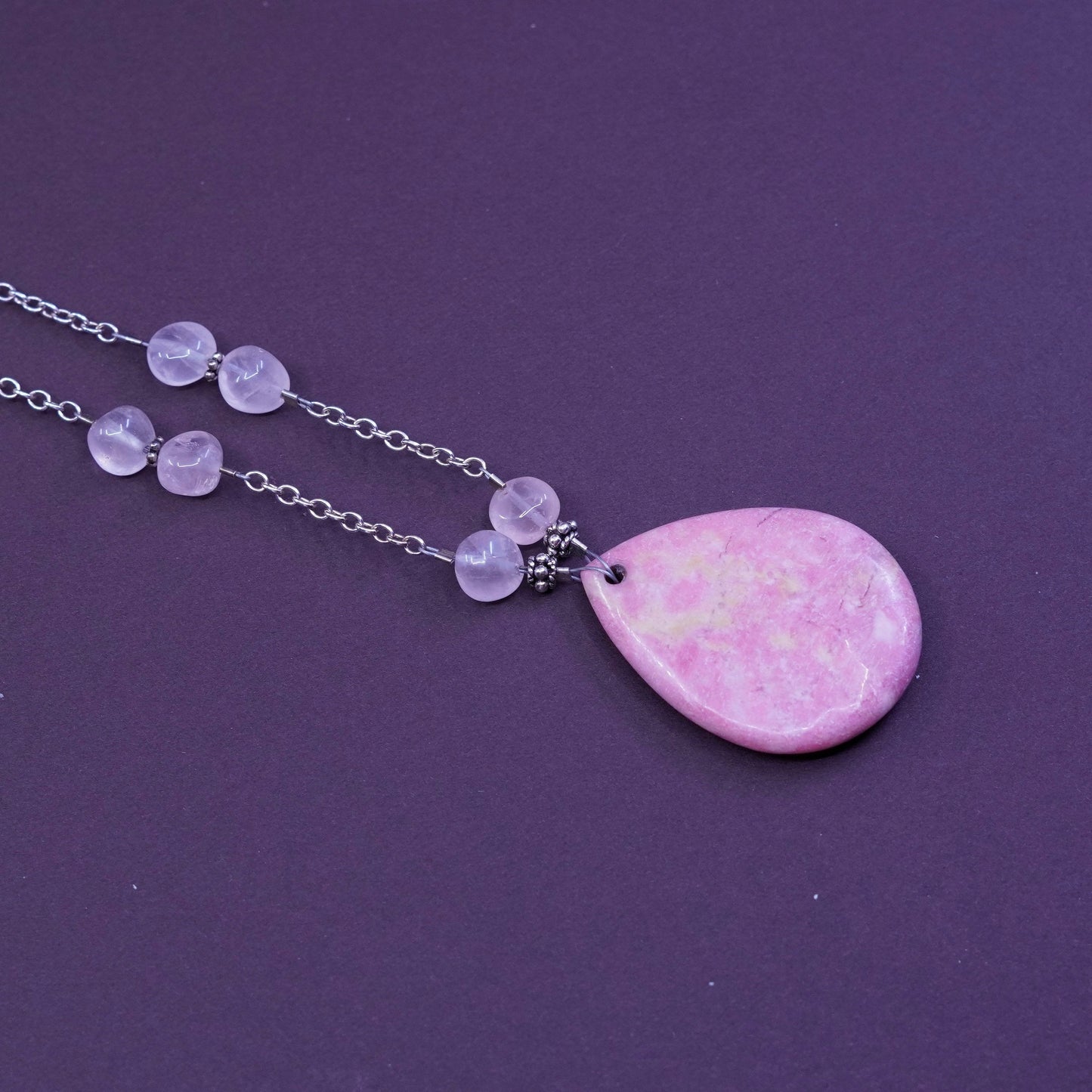 20”, sterling silver necklace, 925 circle chain teardrop rose quartz pendant