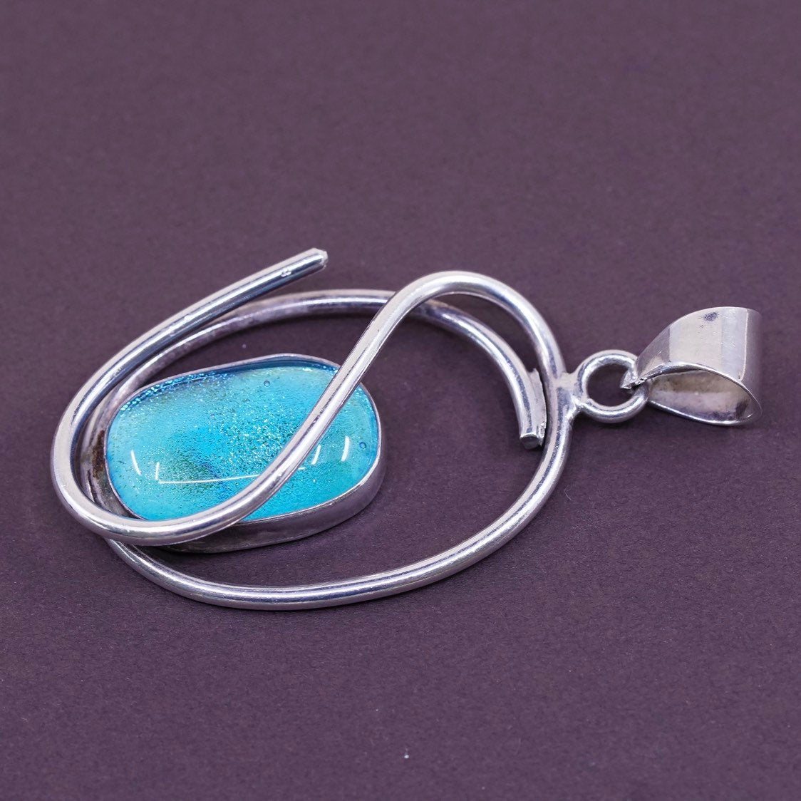 vtg Sterling silver handmade pendant, 925 w/ blue foil glass, unique