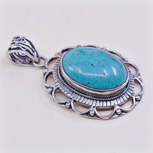 Vtg Southwestern Sterling 925 Silver Huge Handmade Pendant W/ Oval Turquoise