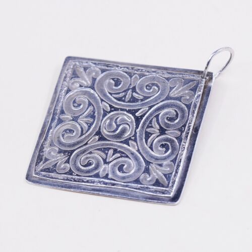 Vtg Sterling 925 Silver Handmade Square Pendant W/ Filigree Swirl, Silver Tested