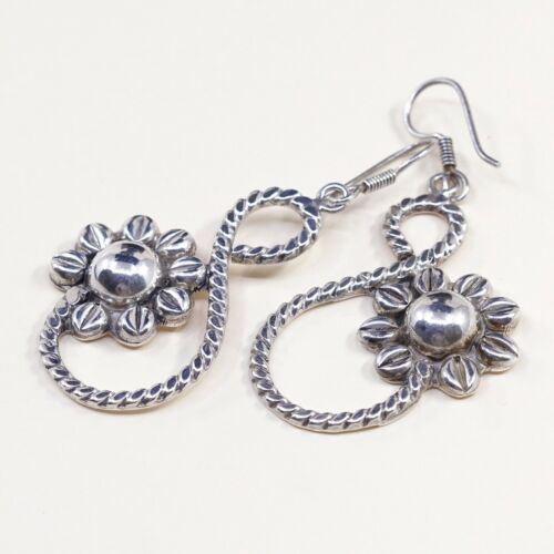 Vtg Sterling Silver Handmade Earrings, Mexico 925 Infinity dangles W/ Flower