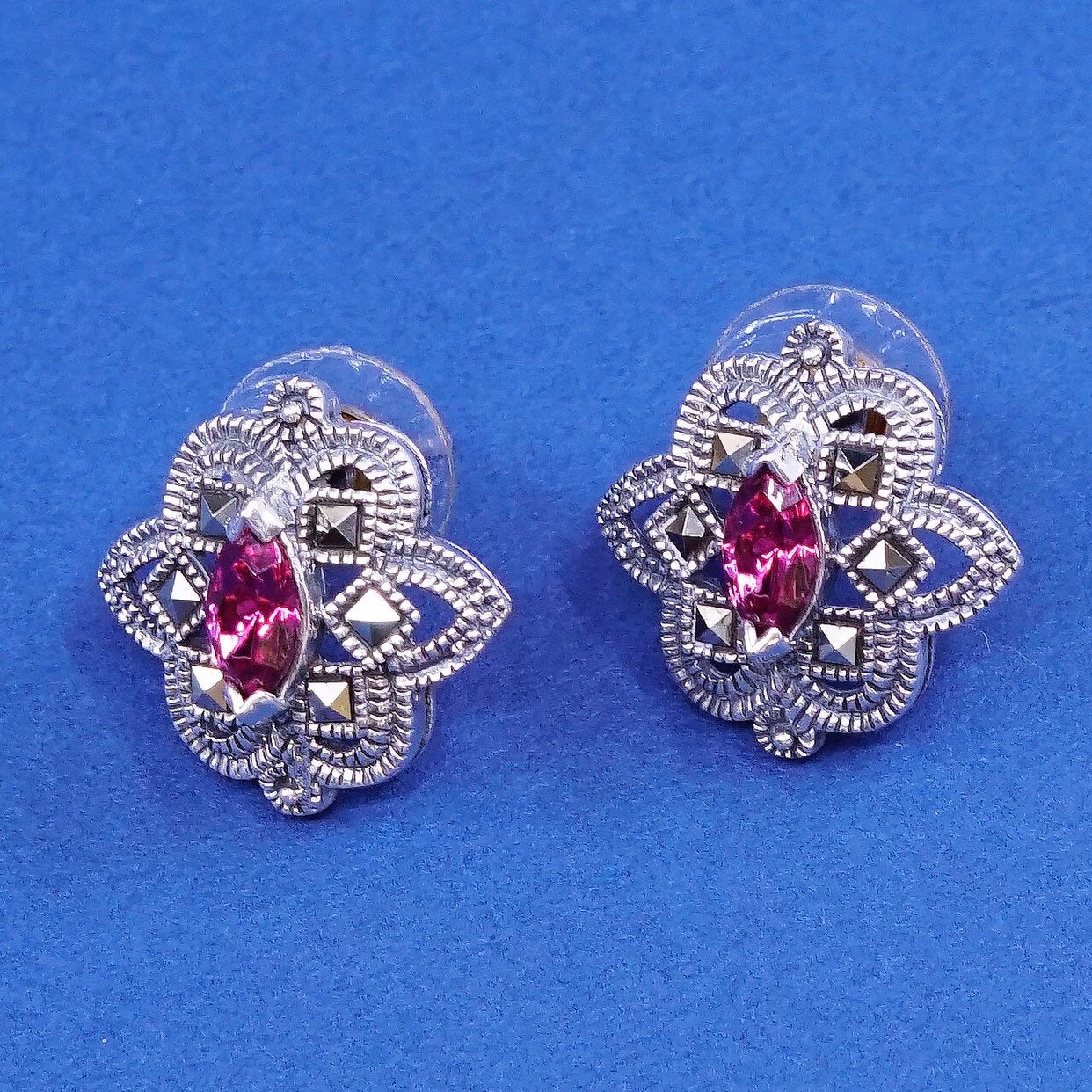 vtg Sterling silver handmade earrings, 925 w/ pink crystal drop N marcasite