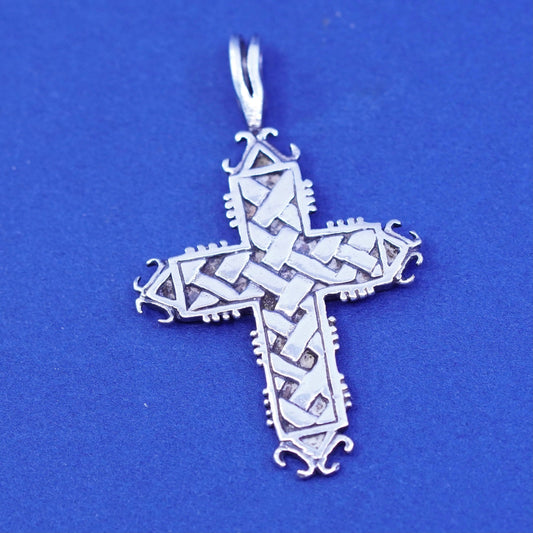 Vintage Sterling silver handmade pendant, braided textured 925 cross